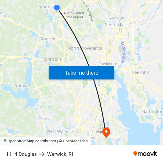 1114 Douglas to Warwick, RI map