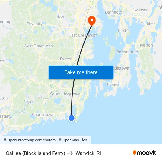 Galilee (Block Island Ferry) to Warwick, RI map