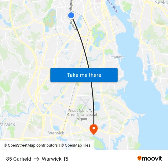 85 Garfield to Warwick, RI map