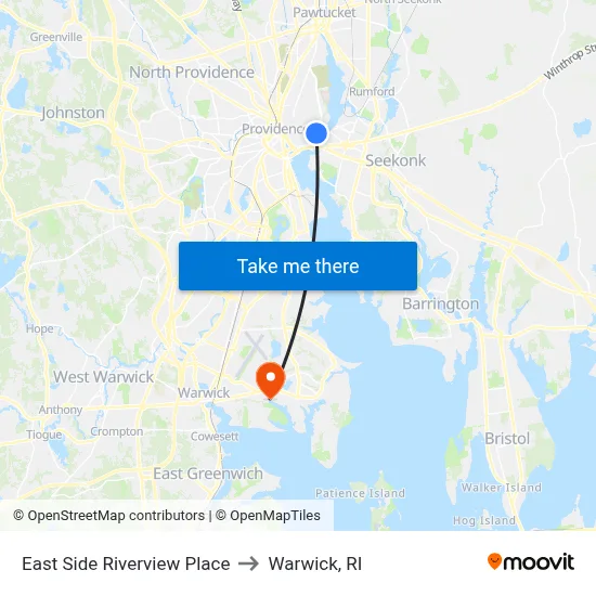 East Side Riverview Place to Warwick, RI map