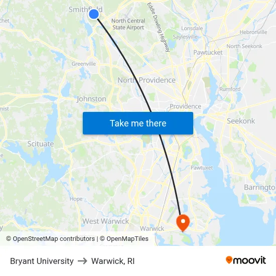 Bryant University to Warwick, RI map