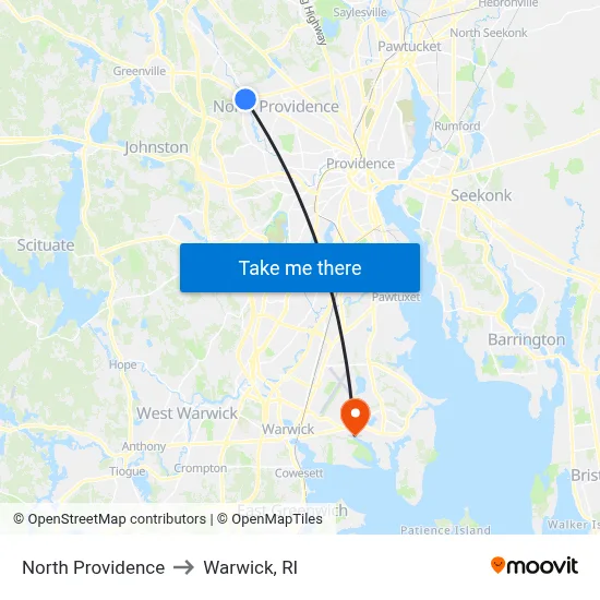 North Providence to Warwick, RI map