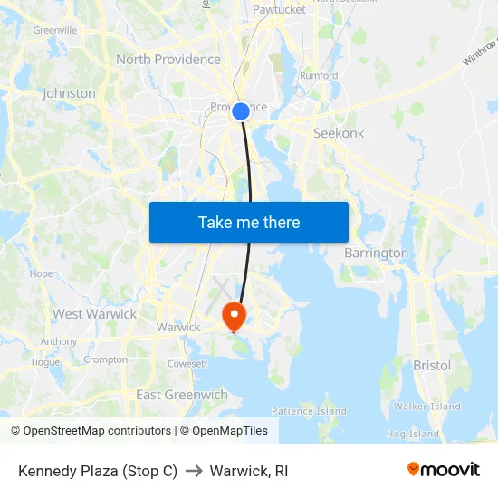 Kennedy Plaza (Stop C) to Warwick, RI map