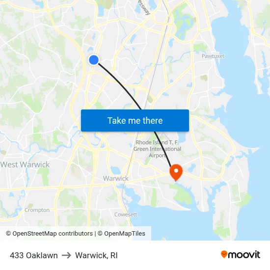 433 Oaklawn to Warwick, RI map