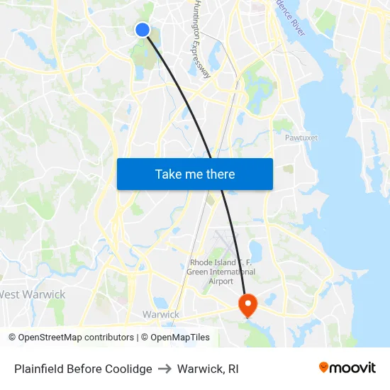 Plainfield Before Coolidge to Warwick, RI map