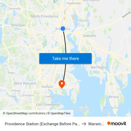 Providence Station (Exchange Before Park Row W) to Warwick, RI map