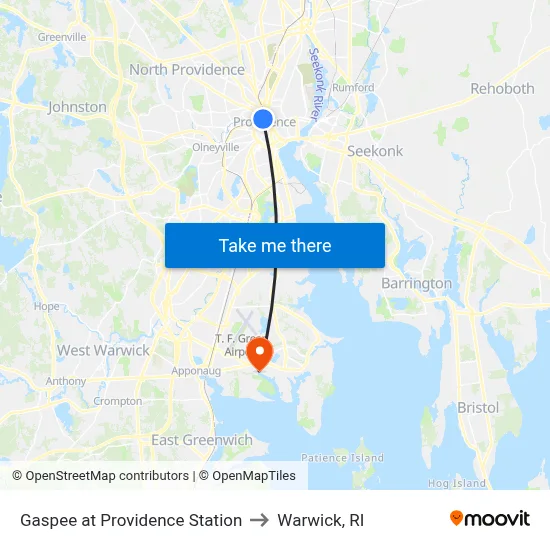 Gaspee at Providence Station to Warwick, RI map