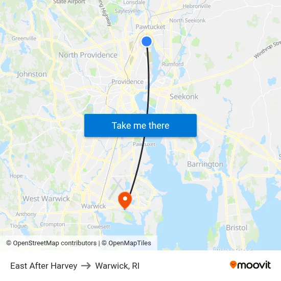 East After Harvey to Warwick, RI map