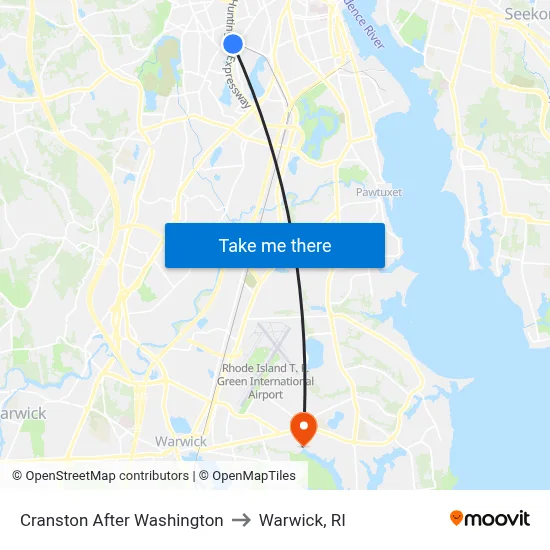 Cranston After Washington to Warwick, RI map