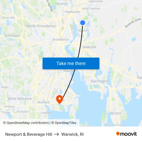 Newport & Beverage Hill to Warwick, RI map