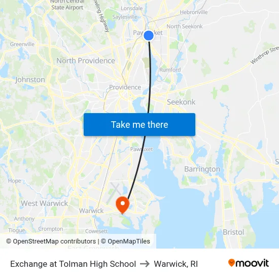 Exchange at Tolman High School to Warwick, RI map