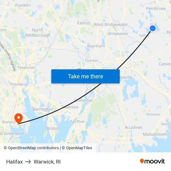 Halifax to Warwick, RI map