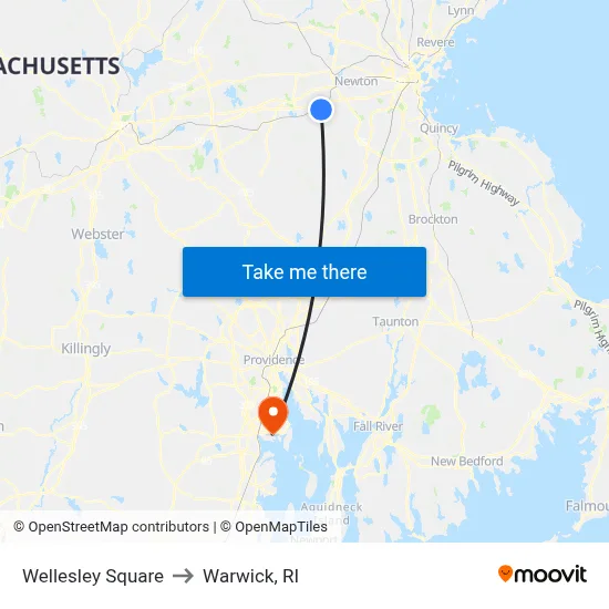 Wellesley Square to Warwick, RI map