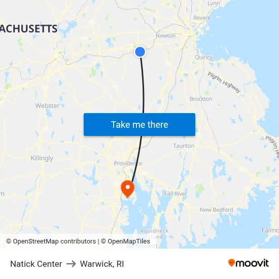 Natick Center to Warwick, RI map