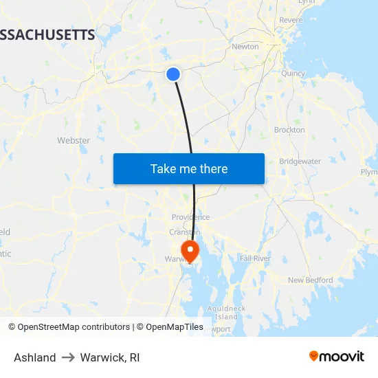 Ashland to Warwick, RI map