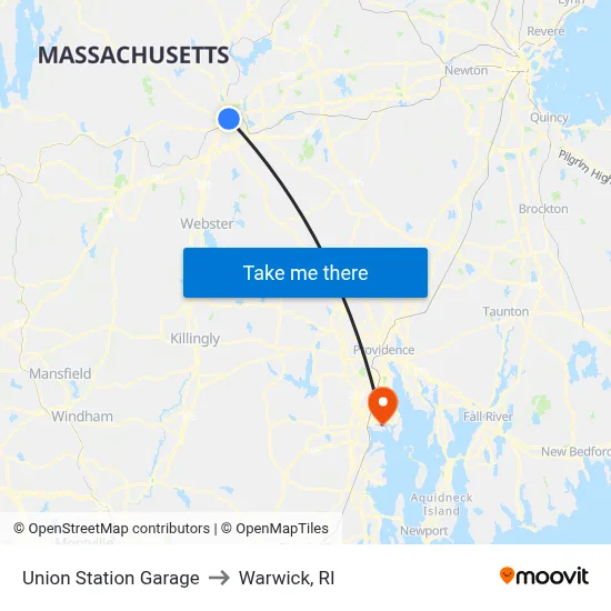 Union Station Garage to Warwick, RI map