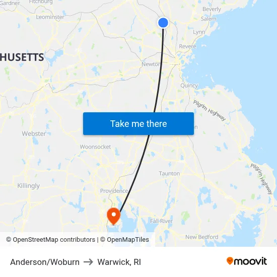 Anderson/Woburn to Warwick, RI map