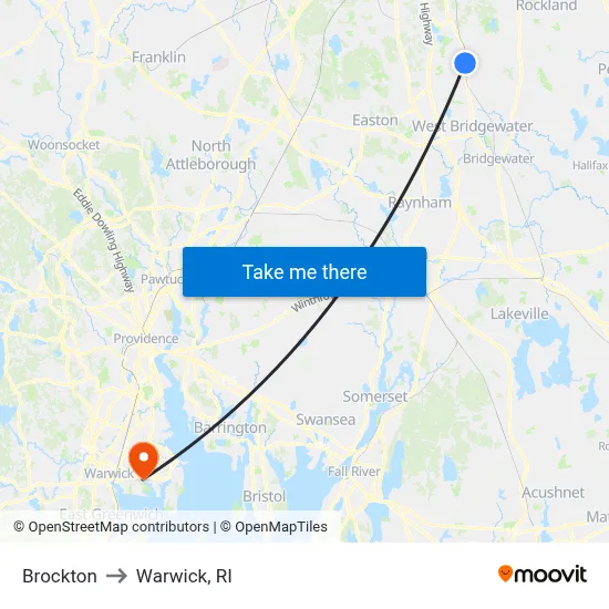 Brockton to Warwick, RI map