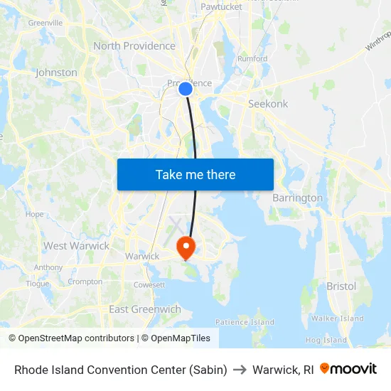 Rhode Island Convention Center (Sabin) to Warwick, RI map