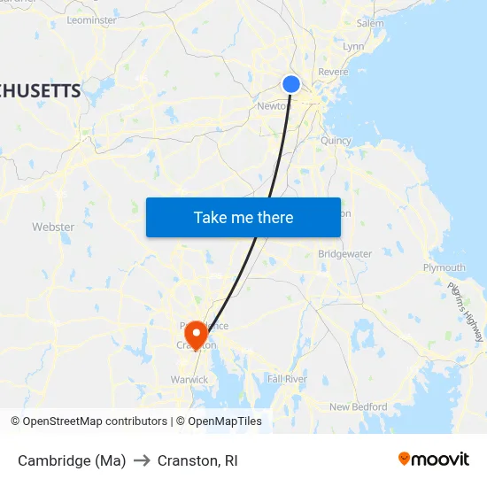Cambridge (Ma) to Cranston, RI map