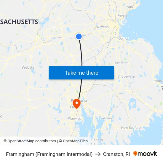 Framingham (Framingham Intermodal) to Cranston, RI map