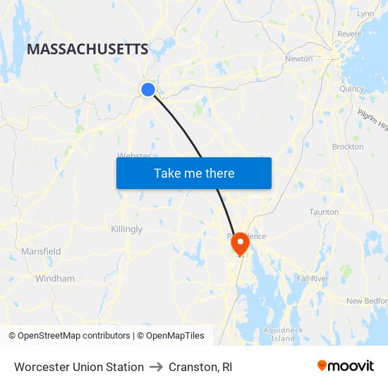 Worcester Union Station to Cranston, RI map