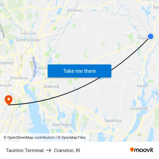 Taunton Terminal to Cranston, RI map