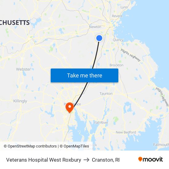 Veterans Hospital West Roxbury to Cranston, RI map
