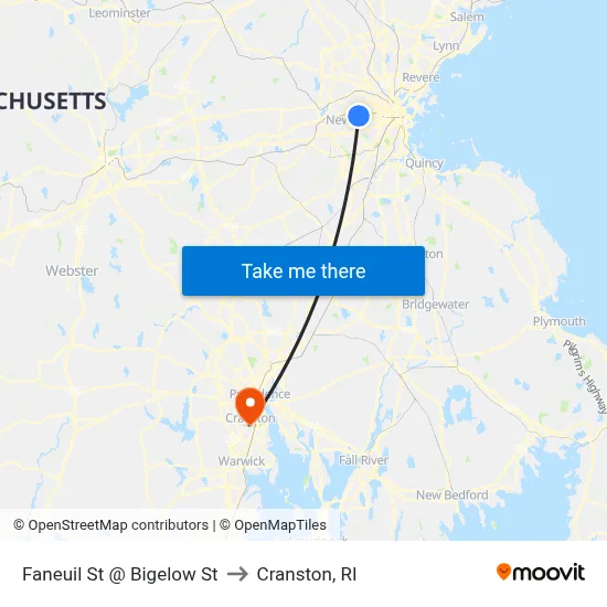 Faneuil St @ Bigelow St to Cranston, RI map