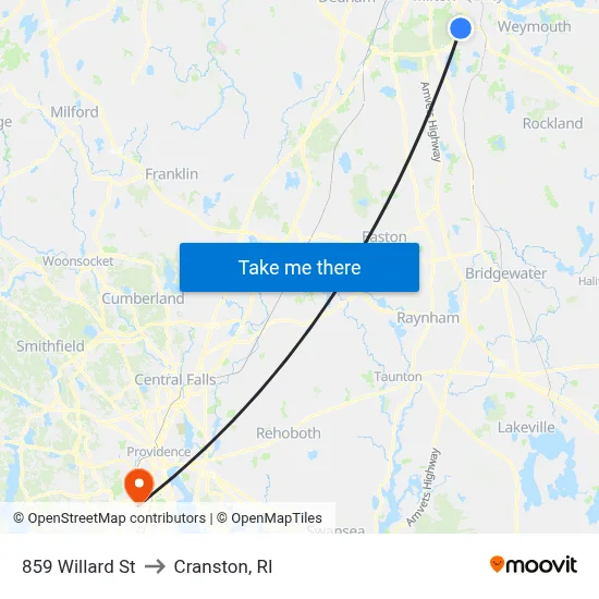 859 Willard St to Cranston, RI map
