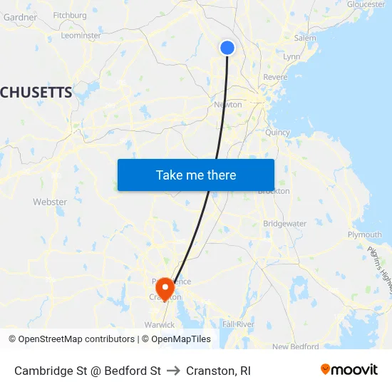 Cambridge St @ Bedford St to Cranston, RI map
