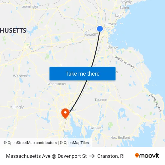Massachusetts Ave @ Davenport St to Cranston, RI map
