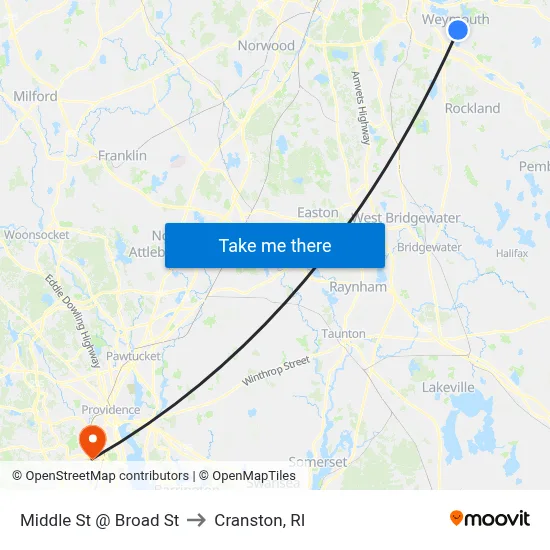 Middle St @ Broad St to Cranston, RI map