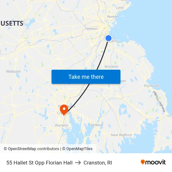 55 Hallet St Opp Florian Hall to Cranston, RI map