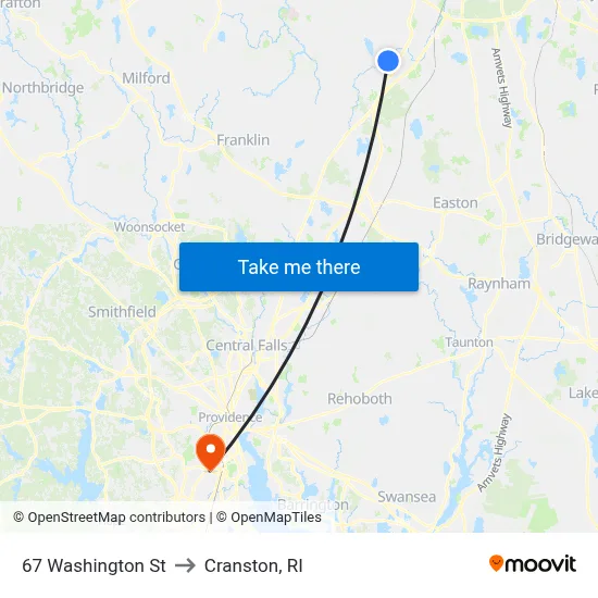 67 Washington St to Cranston, RI map
