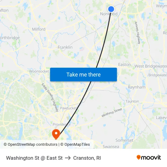 Washington St @ East St to Cranston, RI map