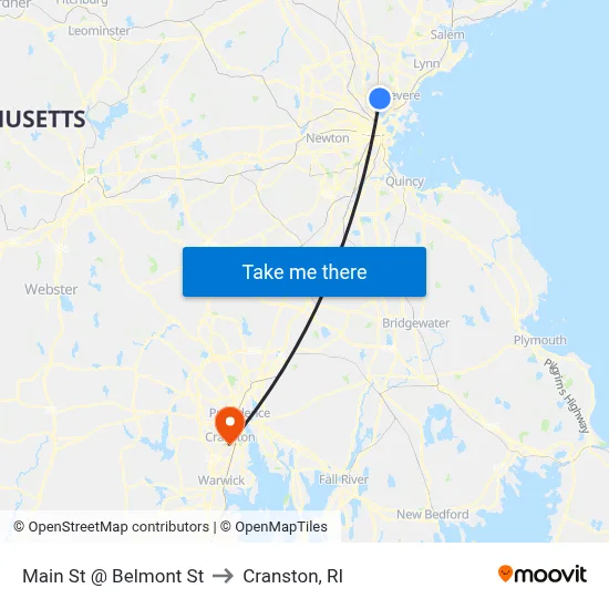 Main St @ Belmont St to Cranston, RI map