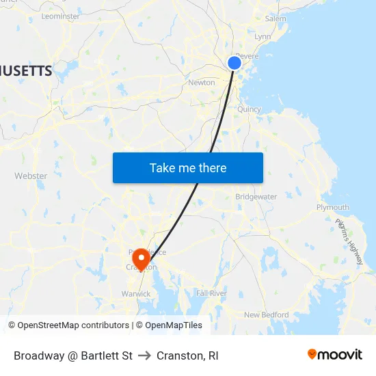 Broadway @ Bartlett St to Cranston, RI map