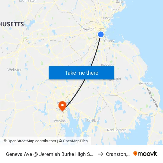 Geneva Ave @ Jeremiah Burke High School to Cranston, RI map