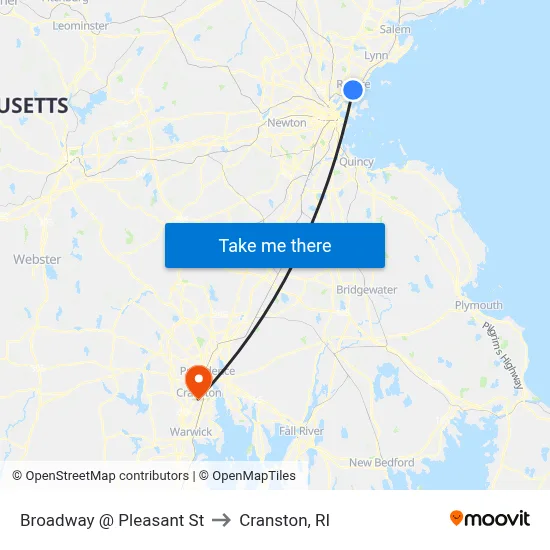 Broadway @ Pleasant St to Cranston, RI map