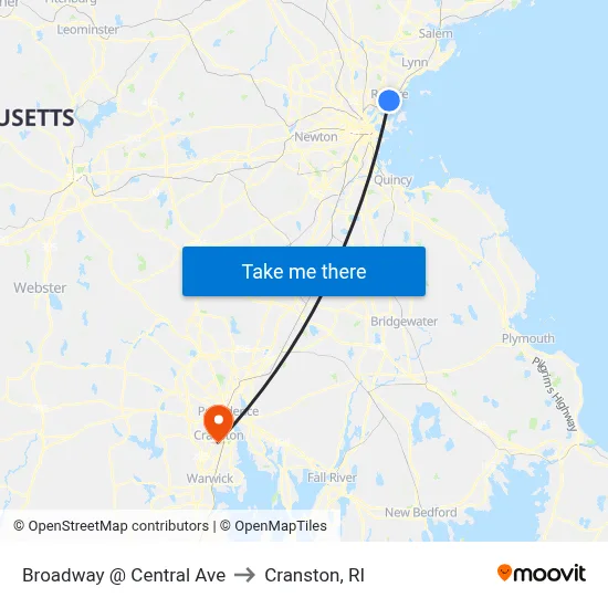 Broadway @ Central Ave to Cranston, RI map