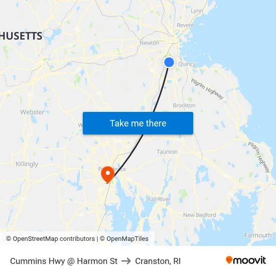 Cummins Hwy @ Harmon St to Cranston, RI map