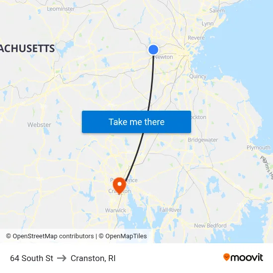 64 South St to Cranston, RI map