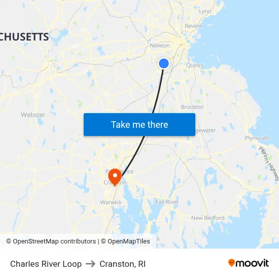 Charles River Loop to Cranston, RI map