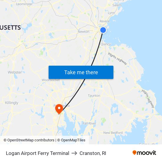 Logan Airport Ferry Terminal to Cranston, RI map