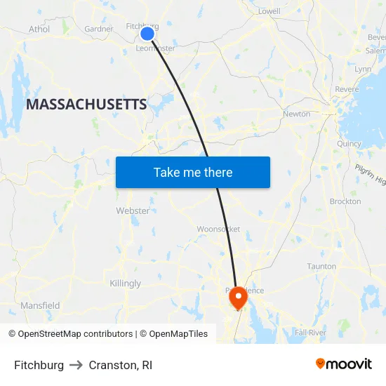 Fitchburg to Cranston, RI map