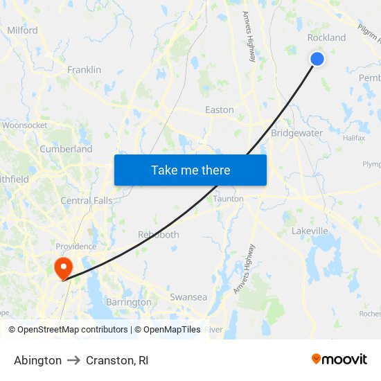 Abington to Cranston, RI map