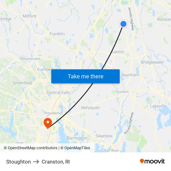 Stoughton to Cranston, RI map