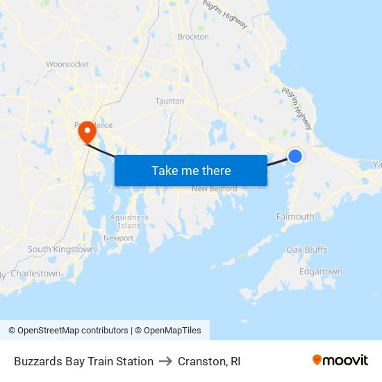 Buzzards Bay Train Station to Cranston, RI map