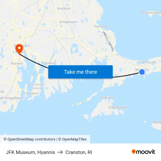 JFK Museum, Hyannis to Cranston, RI map